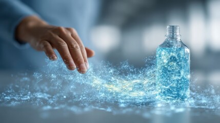 A hand reaches towards a bottle with a digital, sparkling liquid effect flowing out, symbolizing innovation and technology in fluid or data transfer.