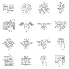 Fototapeta premium Modern line icons illustrating advanced technology: artificial intelligence, big data analytics, drone innovation, and digital interface interaction.