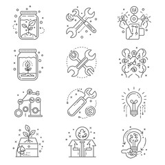 Fototapeta premium A comprehensive collection of line art icons illustrating concepts of sustainability, technological innovation, green energy, and industrial development for modern business solutions.