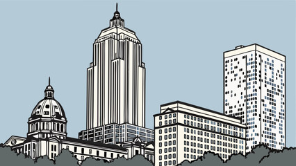 Cityscape illustration urban architecture modern buildings tall skyscraper dome building vector art graphic design city skyline architectural drawing building facade urban scene downto.