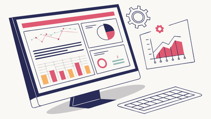 Computer screen displaying graphs and charts data analysis business analytics marketing dashboard financial report progress report statistics information technology infographics data vis.
