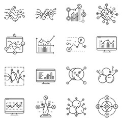 This elegant set of line art icons vividly illustrates diverse concepts of data analysis, network structures, and statistical visualization, ideal for digital projects.