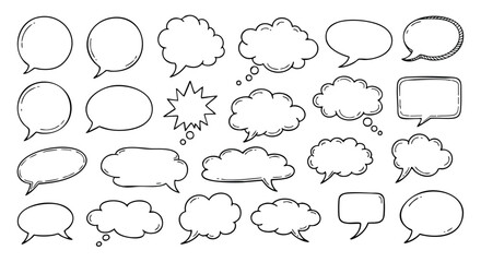 Diverse hand-drawn speech bubbles and thought clouds, perfect for dialogue and ideas.