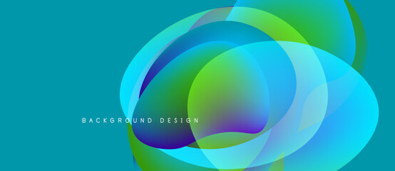Abstract vibrant design features overlapping colorful circles. Blue, green hues create dynamic visual effect. Modern background texture.