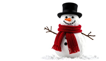 A cheerful snowman figurine, wearing a top hat and red scarf, stands on a bed of simulated snow