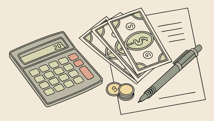 Fototapeta premium Financial planning illustration calculator money pen and document.