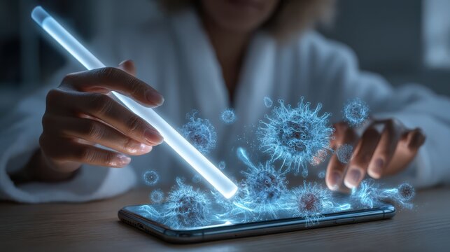 A person interacts with a smartphone emitting digital virus particles, symbolizing cybersecurity threats and digital infection.