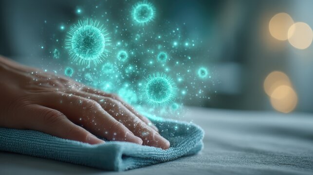 Hands cleaning a surface with a cloth, surrounded by digital virus particles representing sanitization and germ removal.