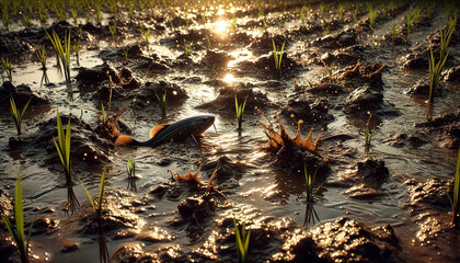 Fish Swimming in Flooded Rice Field with Young Green Seedlings After Rain