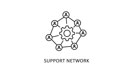 Vector illustration of support network concept a group of people connected to a central gear, representing collaboration and teamwork