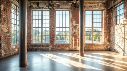 Fototapeta premium A spacious, industrial-style room with exposed brick walls, large windows, and exposed beams. 