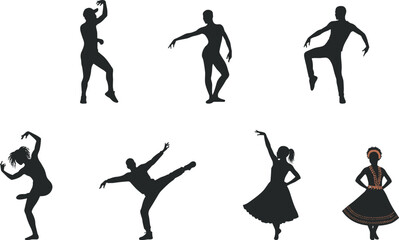 Silhouette illustration of dancers performing various traditional and modern dance poses, artistic vector collection showing movement, culture, creativity, and performance.