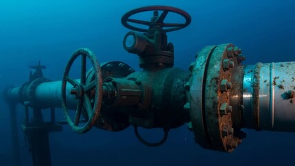 Industrial underwater pipeline valve with rust and bolts showing vital infrastructure for gasification, video - Powered by Adobe