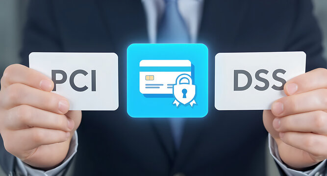 Concept of PCI DSS - Payment Card Industry Data Security Standard. Businessman holding colorful polystyrene blocks with PCIDSS payment security