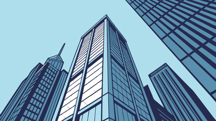 Obraz premium Low-Angle View of Modern Skyscrapers Urban Architecture Illustration Cityscape Design Business Background Abstract Building Facades.