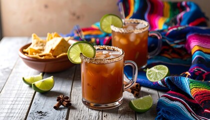 Refreshing drinks, chips, and a colorful tablecloth