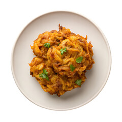Two Golden Onion Bhajis with Parsley Garnish on White Plate pakora fritter