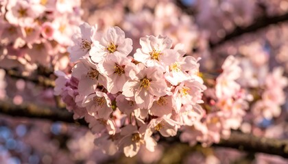 Blossoming cherry blossoms in soft sunlight
