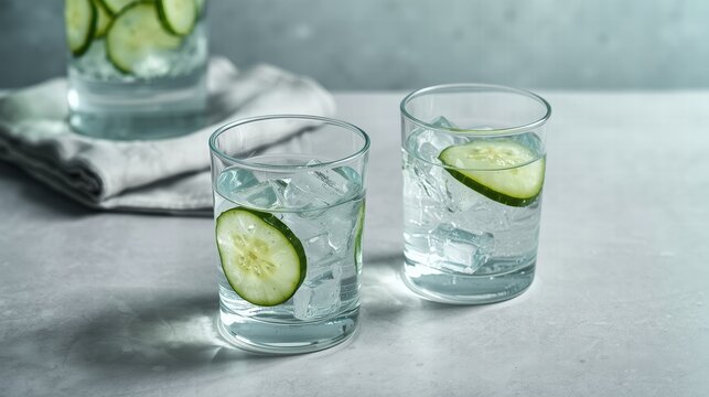 Refreshing water glasses with ice and cucumber slices. Perfect for summer drink menu designs, lifestyle blogs, and healthy living concepts.