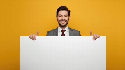 Happy man with white placard on yellow backdrop. Great for cheerful advertising, promotions, announcements, protests, and positivity campaigns visuals.