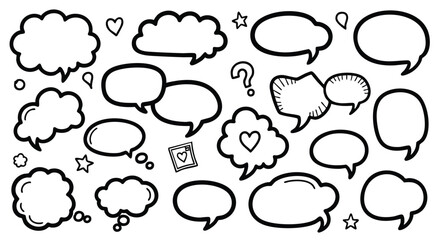 Doodle speech bubbles and icons set for creative communication and ideas