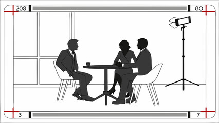 Studio filming three people interview business meeting film production talk show professional discussion corporate video news broadcast media production television show interview set b.