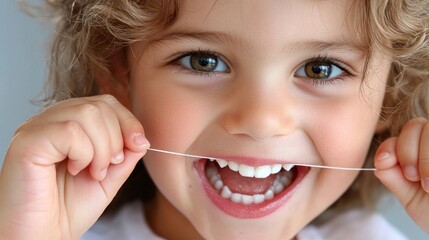 A young child with curly hair smiling and holding dental floss in their mouth.