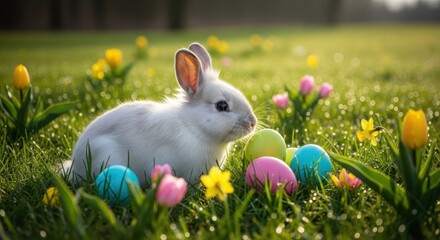 White bunny sits amidst colorful Easter eggs and flowers in a dewy meadow