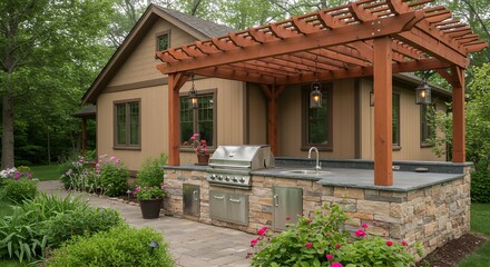 Outdoor kitchen under wooden pergola