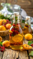 Refreshing fruit infused drink in glass bottle