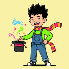 A cheerful child with spiky black hair performs a magic trick, holding a black hat with colorful swirls and stars emerging, set against a light yellow background.