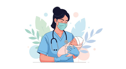 Adobe illustrator artwork vector illustration. A masked doctor or nurse wearing a stethoscope and gloves holds a sleeping newborn baby, surrounded by soft foliage