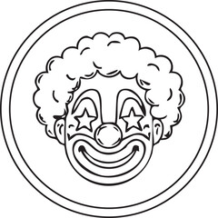 Smiling clown face in circular badge with curly hair