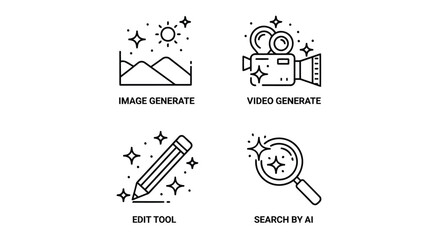 Vector illustration of aipowered tools icons representing image and video generation, edit tool, and search by ai for creative tasks