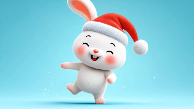 Cute, funny and cheerful rabbit in Santa hat dancing and smiling on blue background. Joyful cartoon bunny