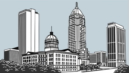 Urban Skyline Illustration Cityscape Drawing Modern Architecture Black and White Design Downtown Buildings Architectural Illustration City Buildings Vector Illustration Highrise Buildings.