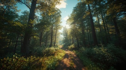 Obraz premium Sunlight streams through a lush forest, illuminating a pathway through dense trees and undergrowth. A serene and vibrant scene of nature's beauty.