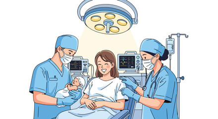 Adobe illustrator artwork vector illustration. A joyful parent smiles from a hospital bed after a C-section, as medical staff attend to her newborn baby in a sterile operating room setting