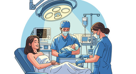 Adobe illustrator artwork vector illustration. A joyful parent smiles from a hospital bed after a C-section, as medical staff attend to her newborn baby in a sterile operating room setting