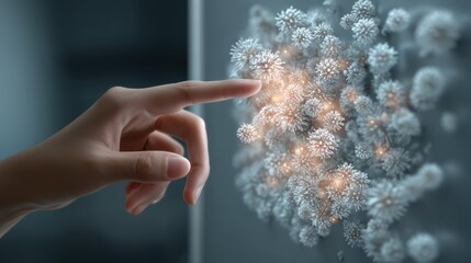 A hand reaches out to touch a digital representation of viruses, highlighting interaction with microscopic viral particles in a futuristic, scientific context.