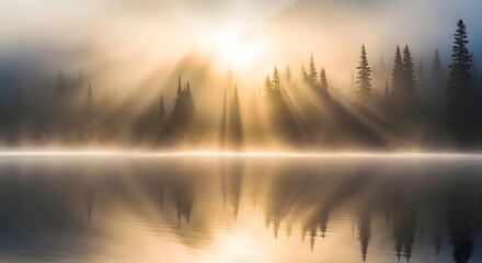 Obraz premium Golden Sunrise Over Misty Mountain Lake with Pine Silhouettes