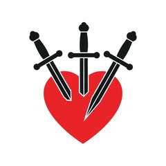 Three swords piercing red heart symbol love pain heartbreak danger symbol vector