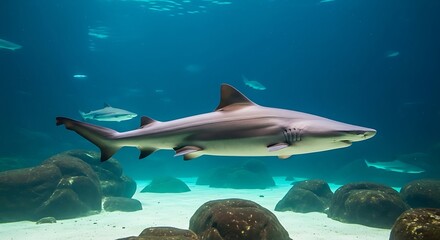 Fototapeta premium A graceful shark glides through a serene underwater world, showcasing its sleek form against a backdrop of tranquil aquatic rocks.