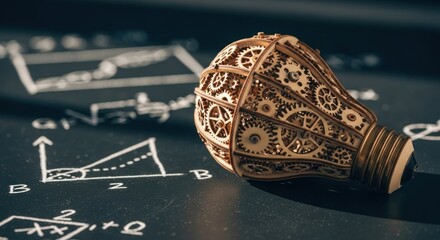 Wooden lightbulb with gears, atop a chalkboard with graphs