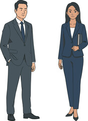 Professional Man and Woman in Business Suits Standing Confidently – Corporate Office People Vector Illustration for Career and Teamwork Concepts