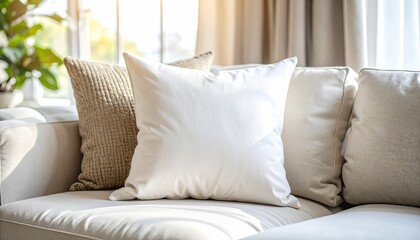 Cozy Living Room Decor White Throw Pillows on Cream Sofa