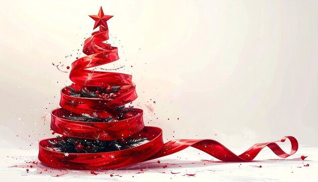 Dynamic christmas tree formed by red ribbon swirls