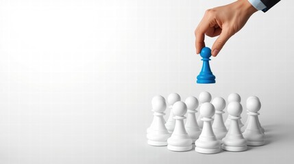 Hand selecting blue pawn from white pawns in chess set. Strategy, decisionmaking, diversity, leadership concept for business, education, or gaming.