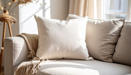 Cozy home interior scene with a comfortable beige sofa and soft white cushions basking in warm, natural sunlight