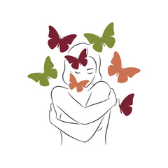 Embracing transformation inner peace butterfly metamorphosis serene woman holding herself love vector